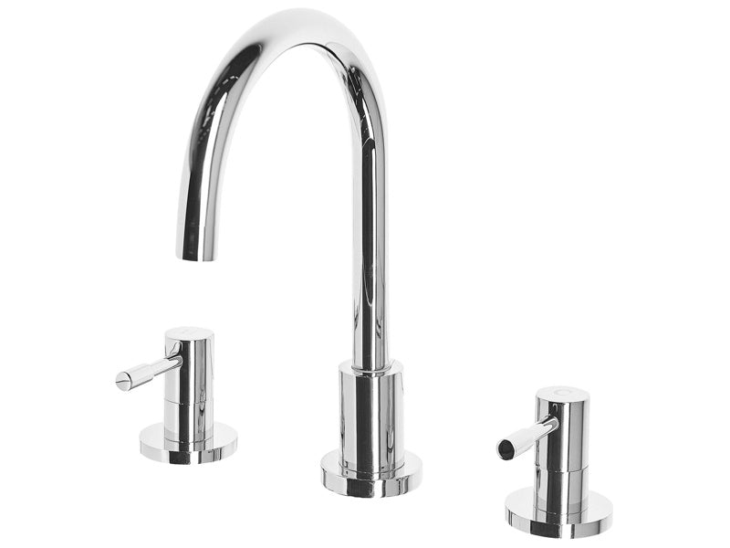 Basin Mixer Tap Silver Brass Two Levers Curved Spout Beliani