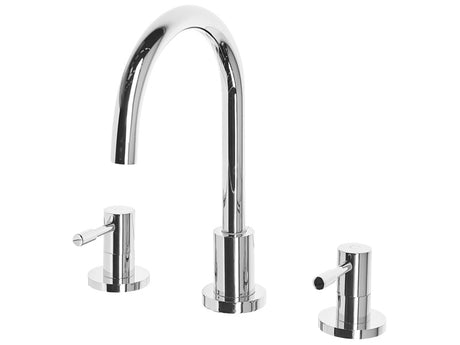 Basin Mixer Tap Silver Brass Two Levers Curved Spout Beliani