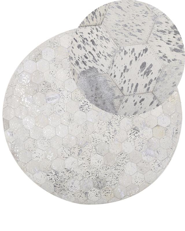 Round Rug Silver with Beige Cowhide Leather ø 140 cm Patchwork Hexagons Glamour Beliani