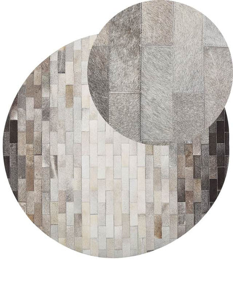 Round Rug Brown and Beige Cowhide Leather ø 140 cm Patchwork Rectangles Rustic Beliani