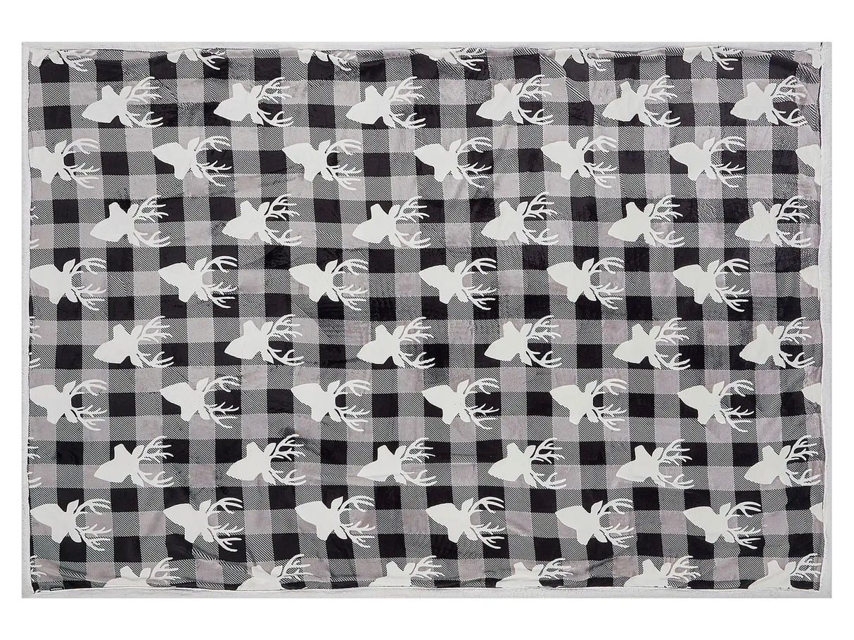 Blanket Throw Grey and White Flannel 150 x 200 cm Winter Fluffy Reindeer Chequered Pattern Beliani