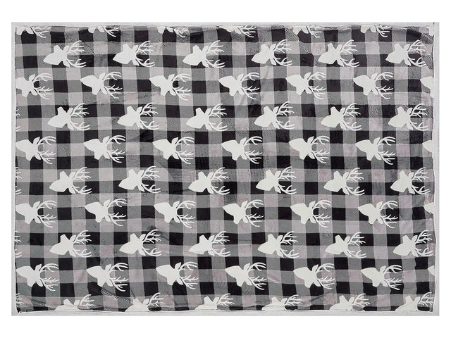Blanket Throw Grey and White Flannel 150 x 200 cm Winter Fluffy Reindeer Chequered Pattern Beliani