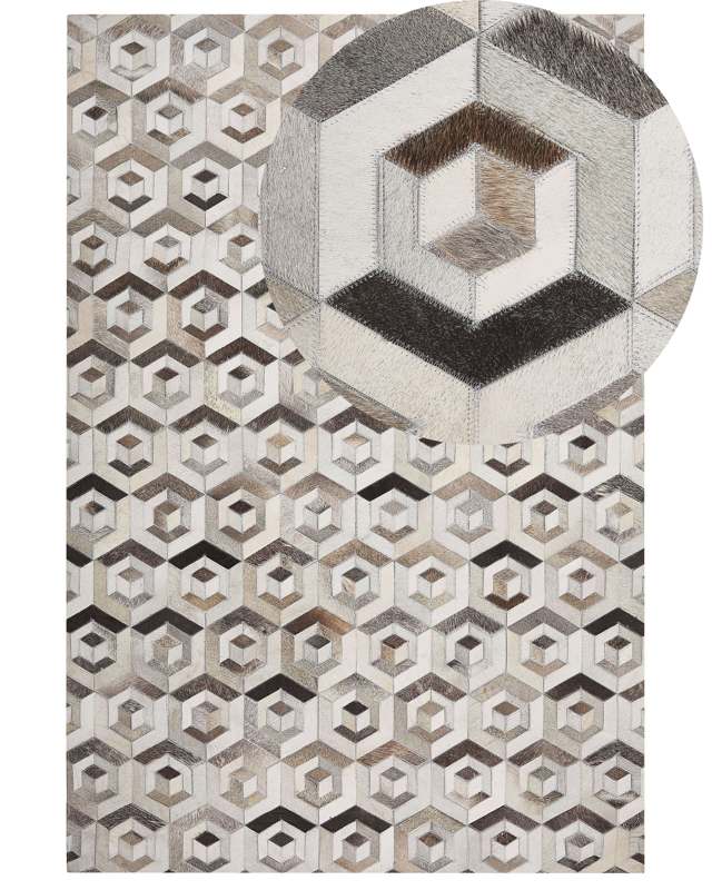 Rectangular Area Rug Beige and Brown Cowhide Leather 140 x 200 cm Patchwork Geometric Pattern Retro Beliani