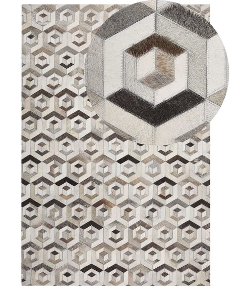 Rectangular Area Rug Beige and Brown Cowhide Leather 160 x 230 cm Patchwork Geometric Pattern Retro Beliani