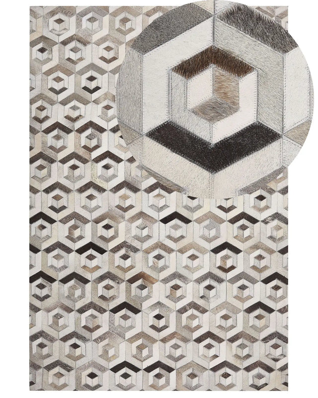 Rectangular Area Rug Beige and Brown Cowhide Leather 160 x 230 cm Patchwork Geometric Pattern Retro Beliani