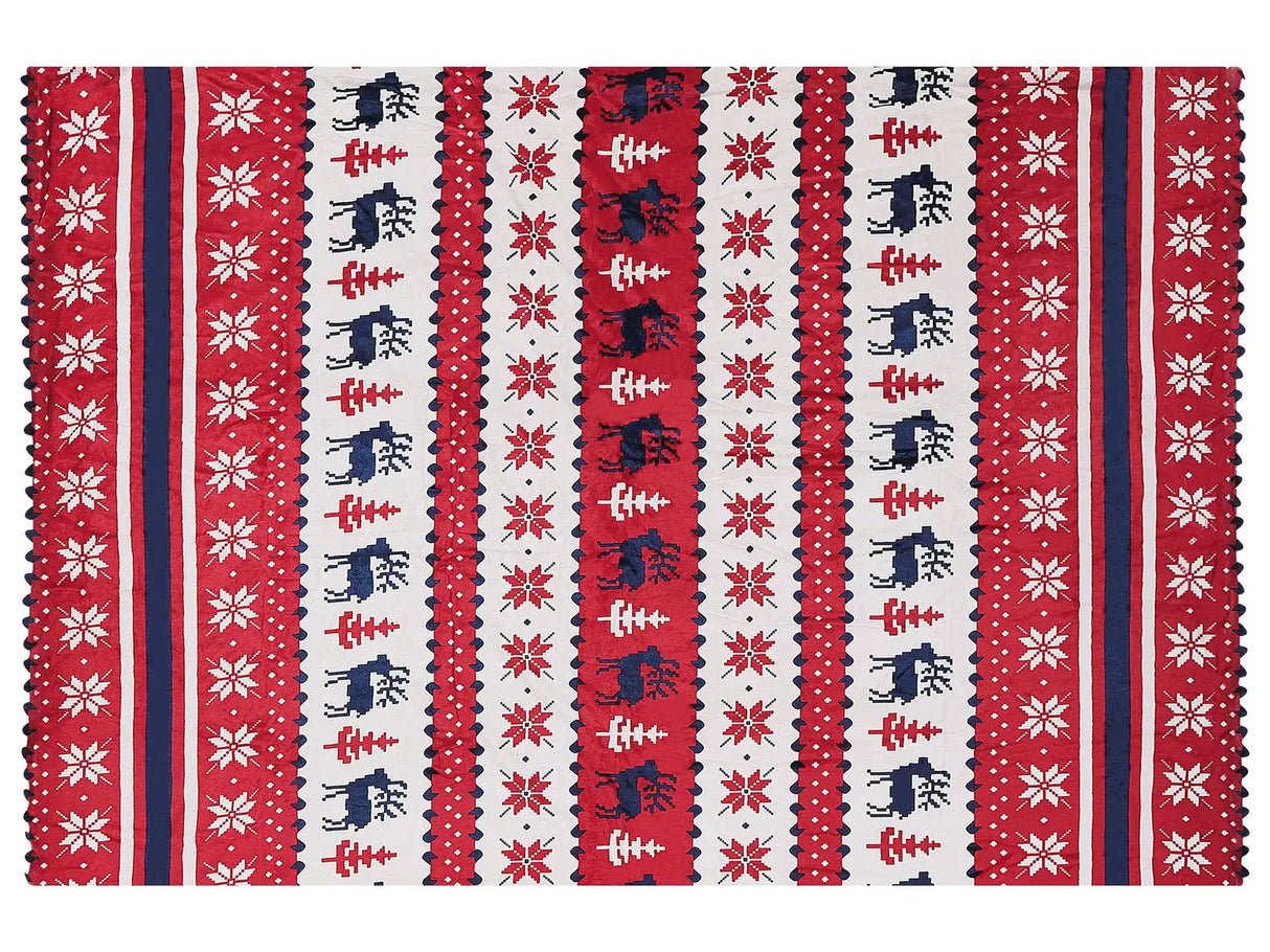 Blanket Throw Red and Blue Flannel 150 x 200 cm Winter Fluffy Classic Winter Seasonal Sweater Pattern Beliani