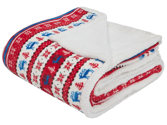 Blanket Throw Red and Blue Flannel 200 x 220 cm Winter Fluffy Classic Winter Seasonal Sweater Pattern Beliani