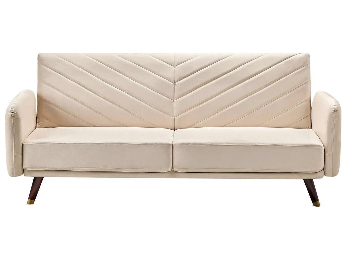 Sofa Bed Beige Velvet Fabric Retro Living Room 3 Seater Wooden Legs Track Arms Beliani