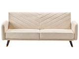 Sofa Bed Beige Velvet Fabric Retro Living Room 3 Seater Wooden Legs Track Arms Beliani