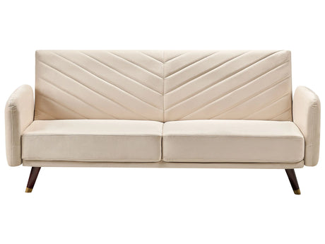 Sofa Bed Beige Velvet Fabric Retro Living Room 3 Seater Wooden Legs Track Arms Beliani