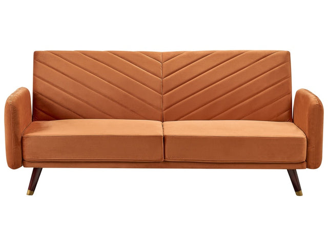 Sofa Bed Orange Velvet Fabric Retro Living Room 3 Seater Wooden Legs Track Arms Beliani