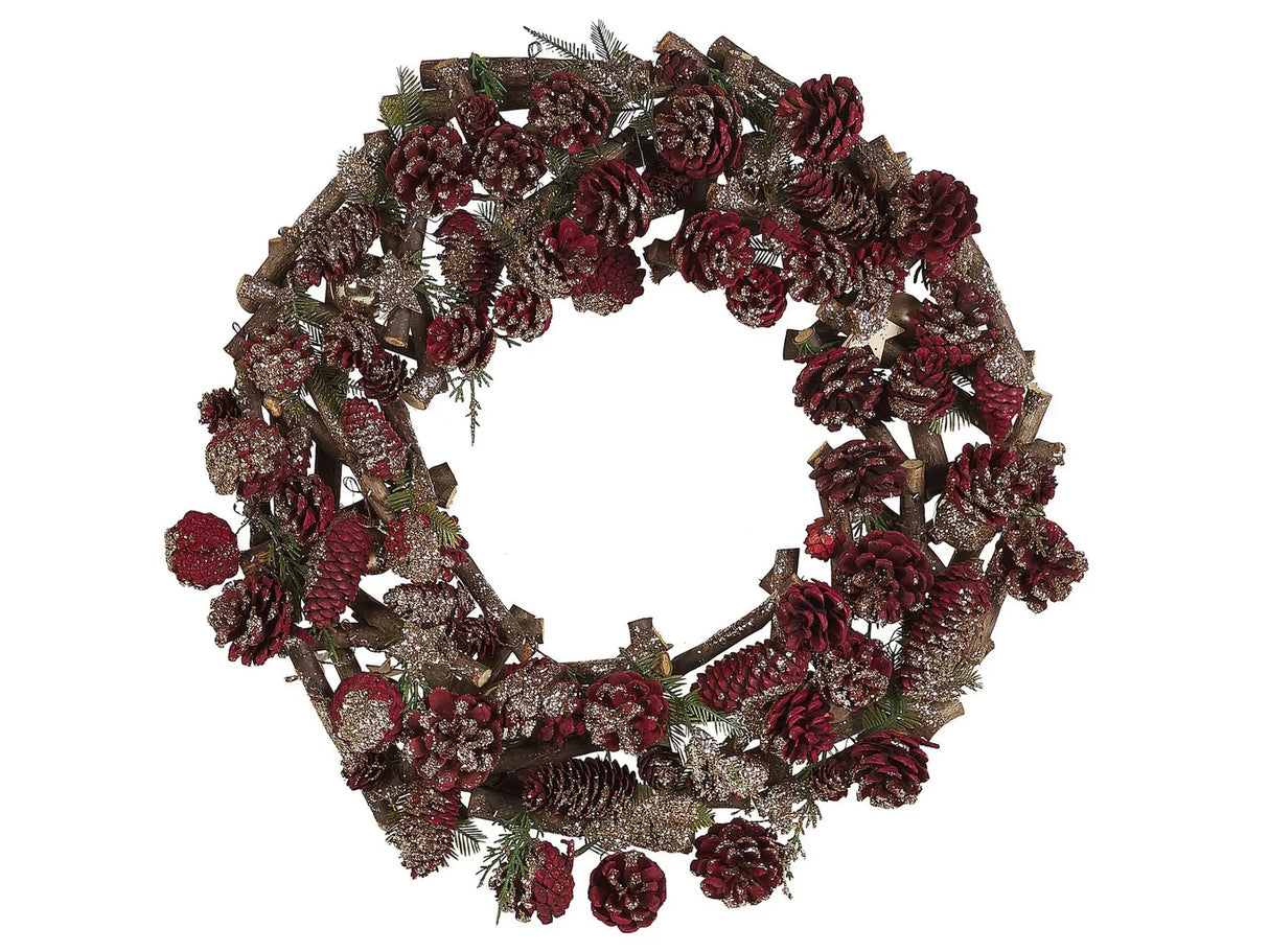 Christmas Wreath Dark Wood with Red Synthetic Material Wood Pine Cones Traditional Design Round 50 cm Beliani