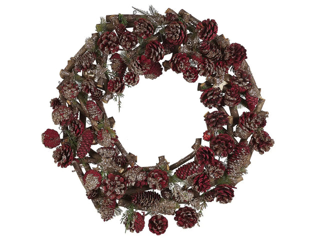 Christmas Wreath Dark Wood with Red Synthetic Material Wood Pine Cones Traditional Design Round 50 cm Beliani