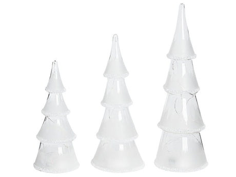 Set of 3 Decorative Christmas Trees White Glass LED Illuminated Figurines Holiday Season Festive Decoration Beliani