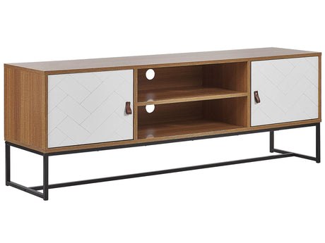 TV Stand Light Wood with White Metal Legs Rectangular For up to 75 TV Media Unit with Shelves Doors Cable Management Living Room Furniture Beliani