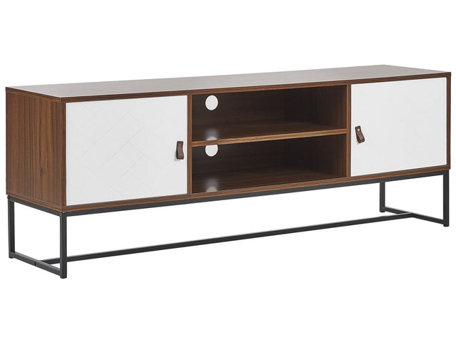 TV Stand Dark Wood with White Metal Legs Rectangular For up to 75ʺ TV Media Unit with Shelves Doors Cable Management Living Room Furniture Beliani