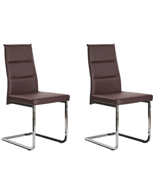 Set of 2 Dining Chairs Dark Brown Faux Leather Upholstered Cantilever Silver Legs Armless Modern Design Beliani