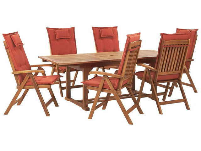 Garden Dining Set Acacia Wood with Red Cushions 6 Seater Adjustable Foldable Chairs Outdoor Country Style Beliani