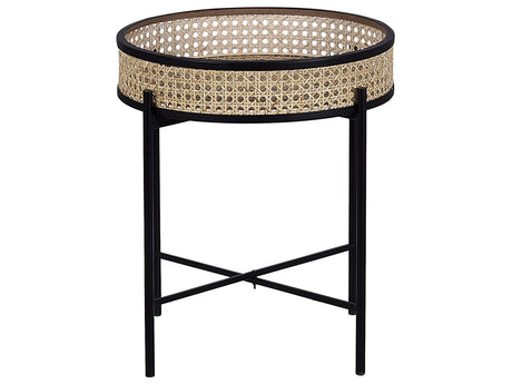 Side Table Black Metal  36 cm Folding Legs Light Rattan Detachable Top Round Boho Beliani