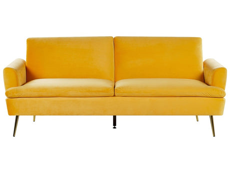 Velvet Sofa Bed Yellow 3 Seater Click Clack Golden Metal Legs Beliani