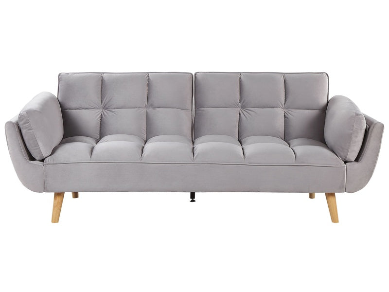 Sofa Bed Light Grey Velvet Fabric 3 Seater Wooden Legs Foam Filling Split Back Biscuit Padding Beliani