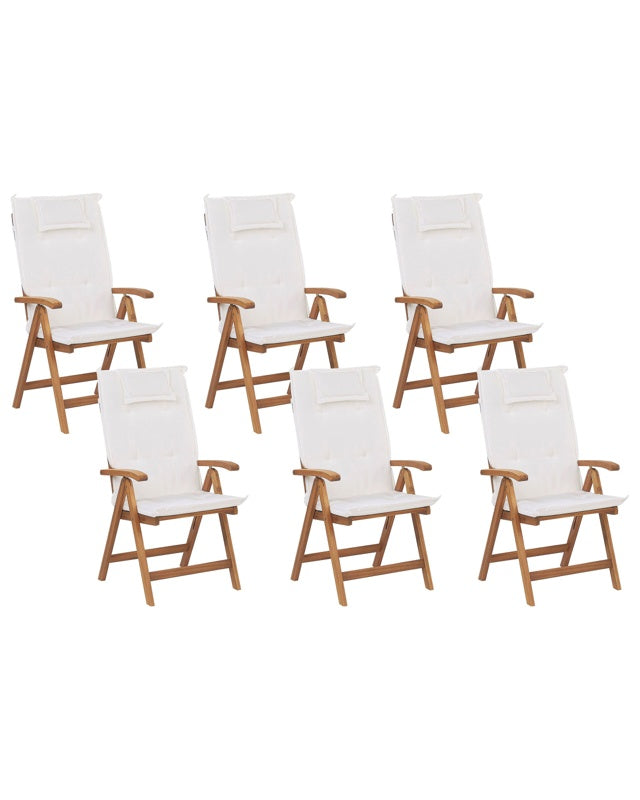 Set of 6 Garden Chairs Light Acacia Wood with Off-White Cushions Folding Feature UV Resistant Rustic Style Beliani