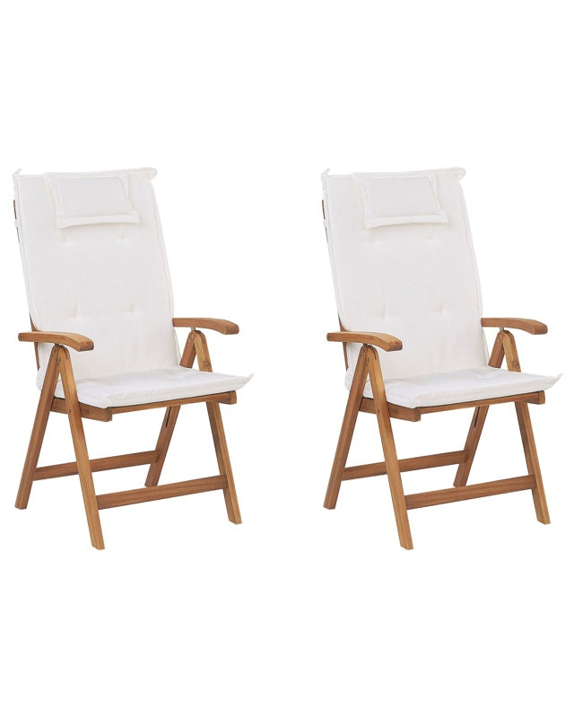 Set of 2 Garden Chairs Light Acacia Wood with Off-White Cushions Folding Feature UV Resistant Rustic Style Beliani