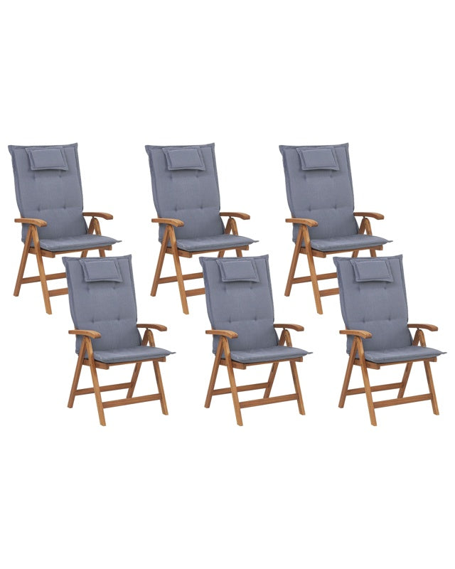 Set of 6 Garden Chairs Light Acacia Wood with Blue Cushions Folding Feature UV Resistant Rustic Style Beliani