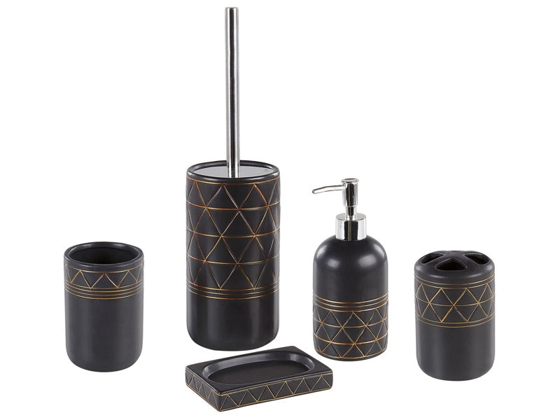 Bathroom Accessories Set Black Gold Ceramic Art Deco Soap Dispenser Toilet Brush Tumblers Beliani