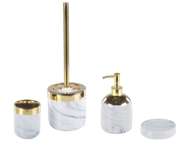 Bathroom Accessories Set White and Gold Ceramic Glam Soap Dispenser Toilet Brush Tumbler Beliani