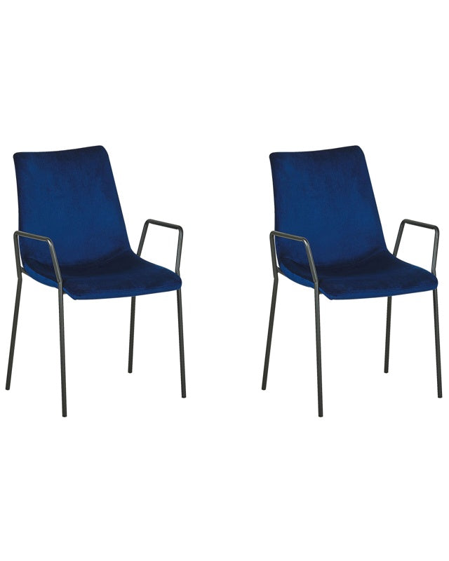 Set of 2 Dinning Chairs Dark Blue  Velvet with Armrests Stackable Dinning Room Office Conference Room Beliani