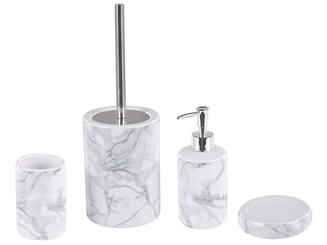 Four-piece bathroom set, ceramic, white, soap dispenser, toothbrush holder Beliani