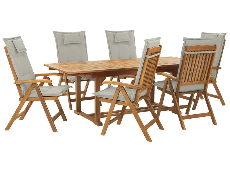 Garden Dining Set Acacia Wood with Taupe Cushions 6 Seater Adjustable Foldable Chairs Outdoor Country Style Beliani