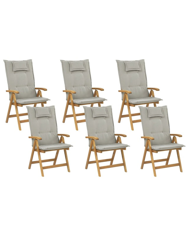 Set of 6 Garden Chairs Light Acacia Wood with Taupe Cushions Folding Feature UV Resistant Rustic Style Beliani