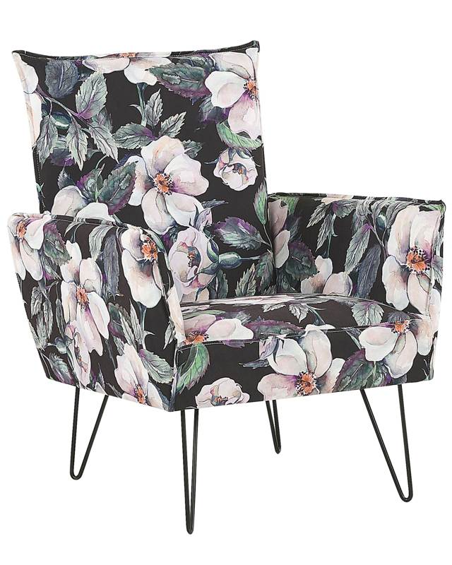 Armchair Black Fabric Floral Pattern Metal Hairpin Legs Living Room Bedroom Accent Chair Beliani