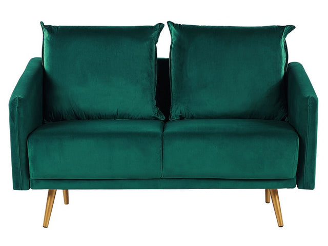 Sofa Emerald Green Velvet 2 Seater Back Cushioned Seat Metal Golden Legs Retro Glam Beliani