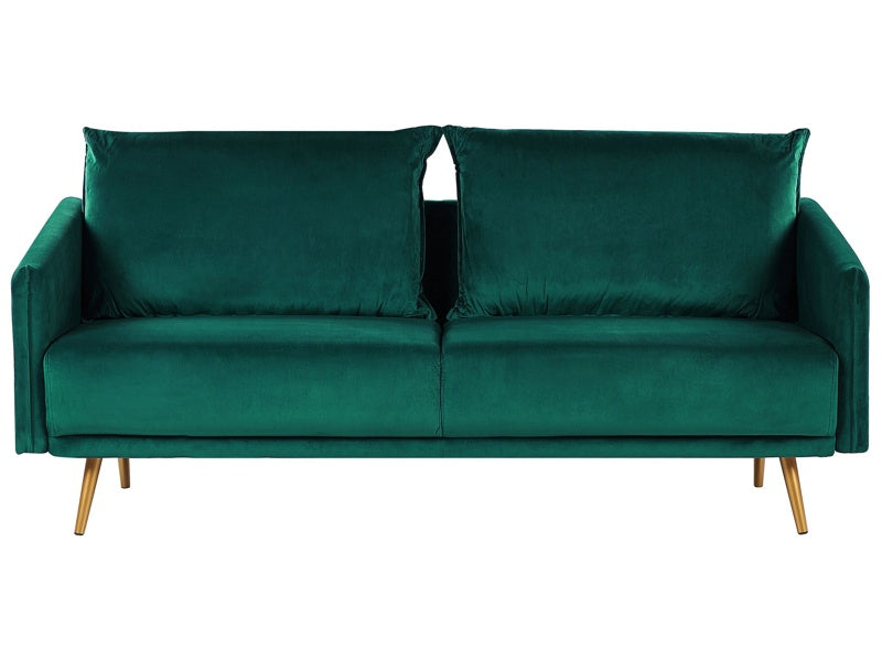 Sofa Emerald Green Velvet 3 Seater Back Cushioned Seat Metal Golden Legs Retro Glam Beliani