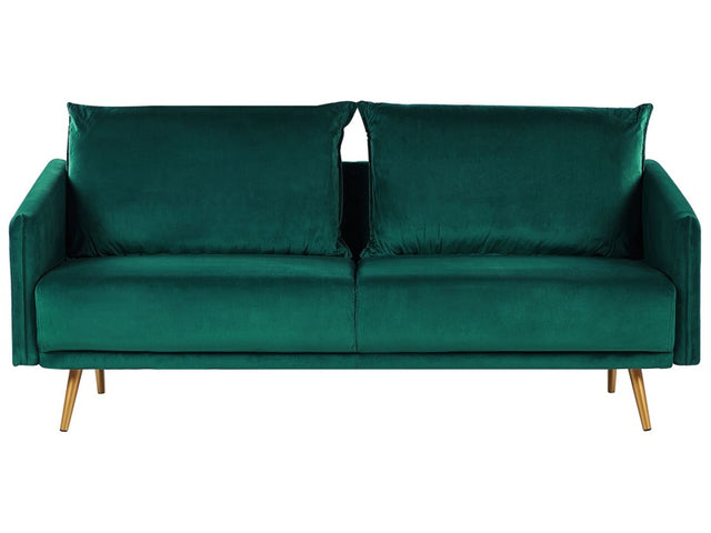 Sofa Emerald Green Velvet 3 Seater Back Cushioned Seat Metal Golden Legs Retro Glam Beliani