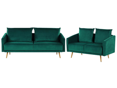 Living Room Set Emerald Green Velvet Back Cushions Metal Golden Legs Retro Glam Beliani