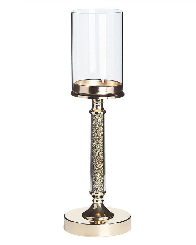 Candle Holder Gold Metal Pillar Glass Shade 41 cm Glamour Accent Piece Decoration Table Centrepiece Beliani