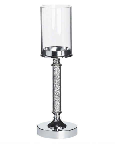 Candle Holder Silver Metal Pillar Glass Shade 41 cm Glamour Accent Piece Decoration Table Centrepiece  Beliani