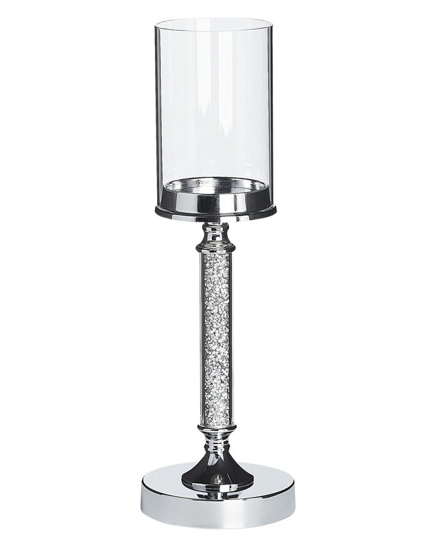 Candle Holder Silver Metal Pillar Glass Shade 41 cm Glamour Accent Piece Decoration Table Centrepiece  Beliani