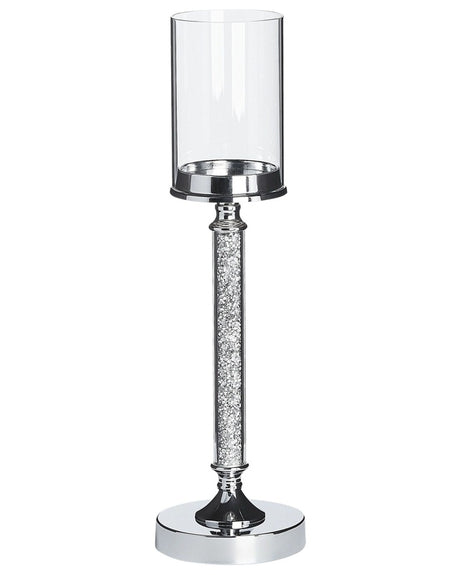 Candle Holder Silver Metal Pillar Glass Shade 48 cm Glamour Accent Piece Decoration Table Centrepiece  Beliani