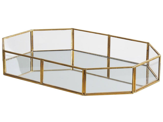 Decorative Tray Gold Brass and Glass Mirrored Octagon Shape 32 x 22 cm Accent Piece for Jewellery Candles Beliani