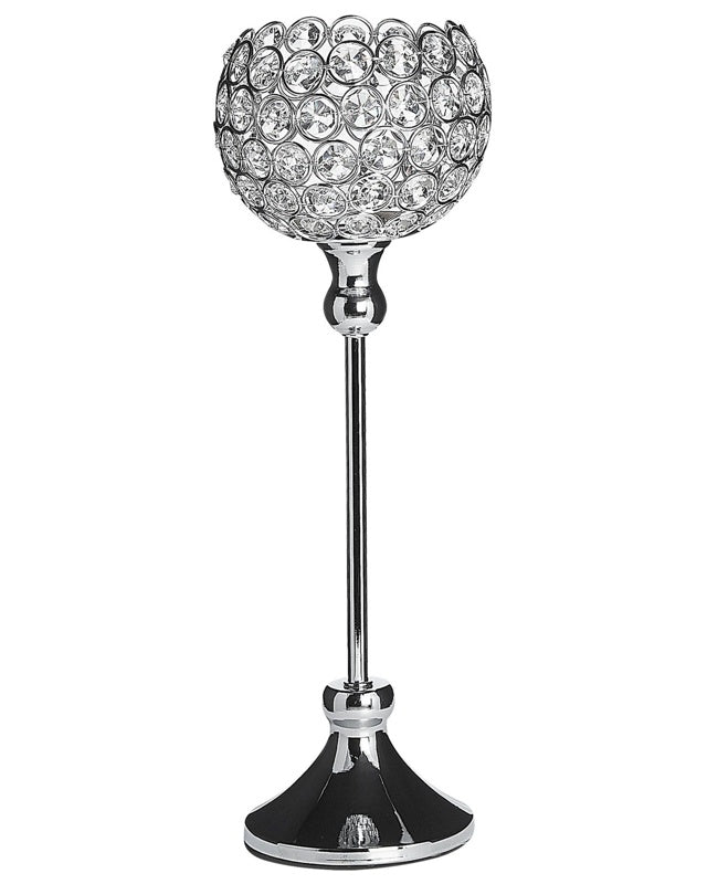 Tealight Candle Holder Silver Metal Bowl-Shaped Shade with Glass Crystals 27 cm Glamour Accent Piece Decoration Table Centrepiece Beliani