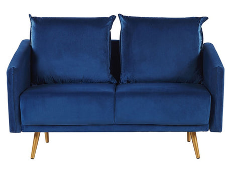 Sofa Navy Blue Velvet 2 Seater Back Cushioned Seat Metal Golden Legs Retro Glam Beliani