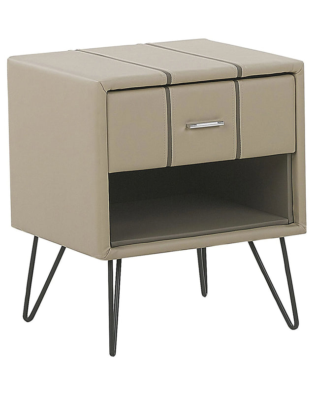 Bedside Table Beige Faux Leather Upholstery Hairpin Legs 48 x 41 x 56 cm 1 Drawer Beliani