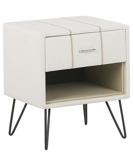 Bedside Table White Faux Leather Upholstery Hairpin Legs 48 x 41 x 56 cm 1 Drawer Beliani