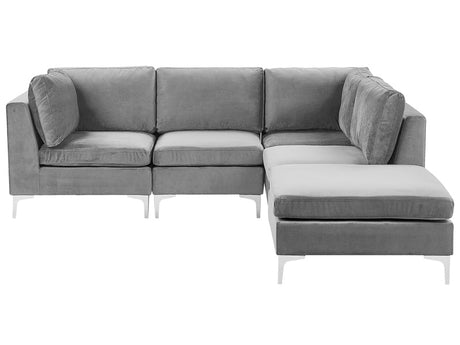 Left Hand Modular Corner Sofa Grey Velvet 4 Seater with Ottoman L-Shaped Silver Metal Legs Glamour Style Beliani