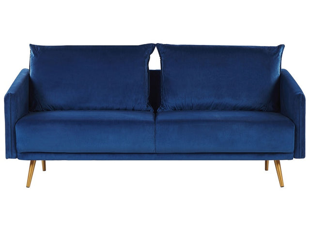 Sofa Navy Blue Velvet 3 Seater Back Cushioned Seat Metal Golden Legs Retro Glam Beliani